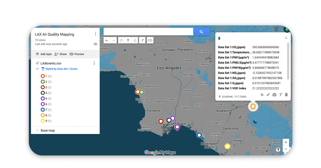 Mapa con las nueve ubicaciones de recoleccion de datos en la costa de Los Angeles